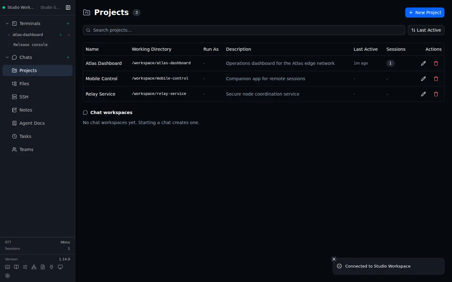 Clusto Projects view showing three workspaces on Studio Server