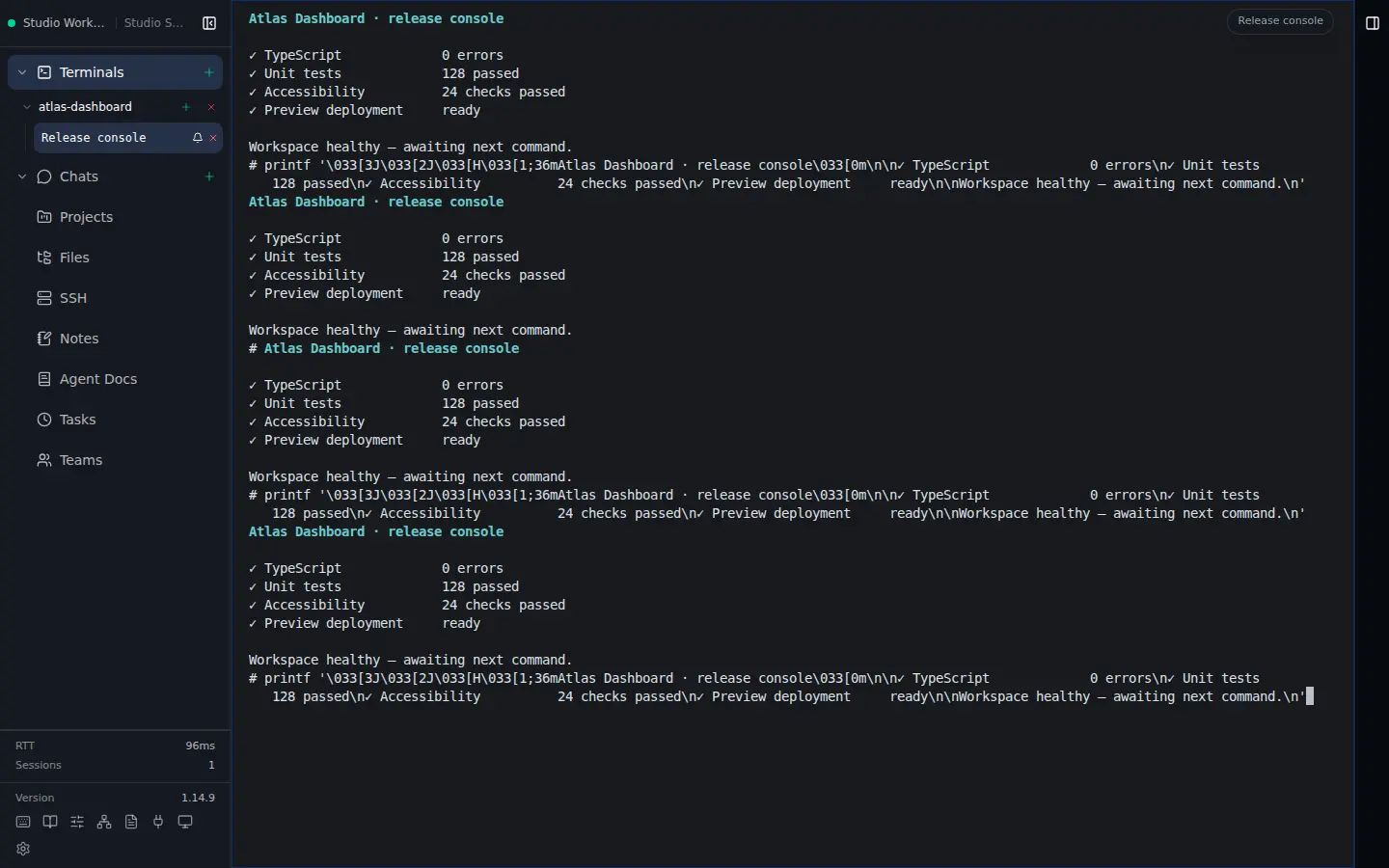 Clusto terminal workspace running on Studio Server